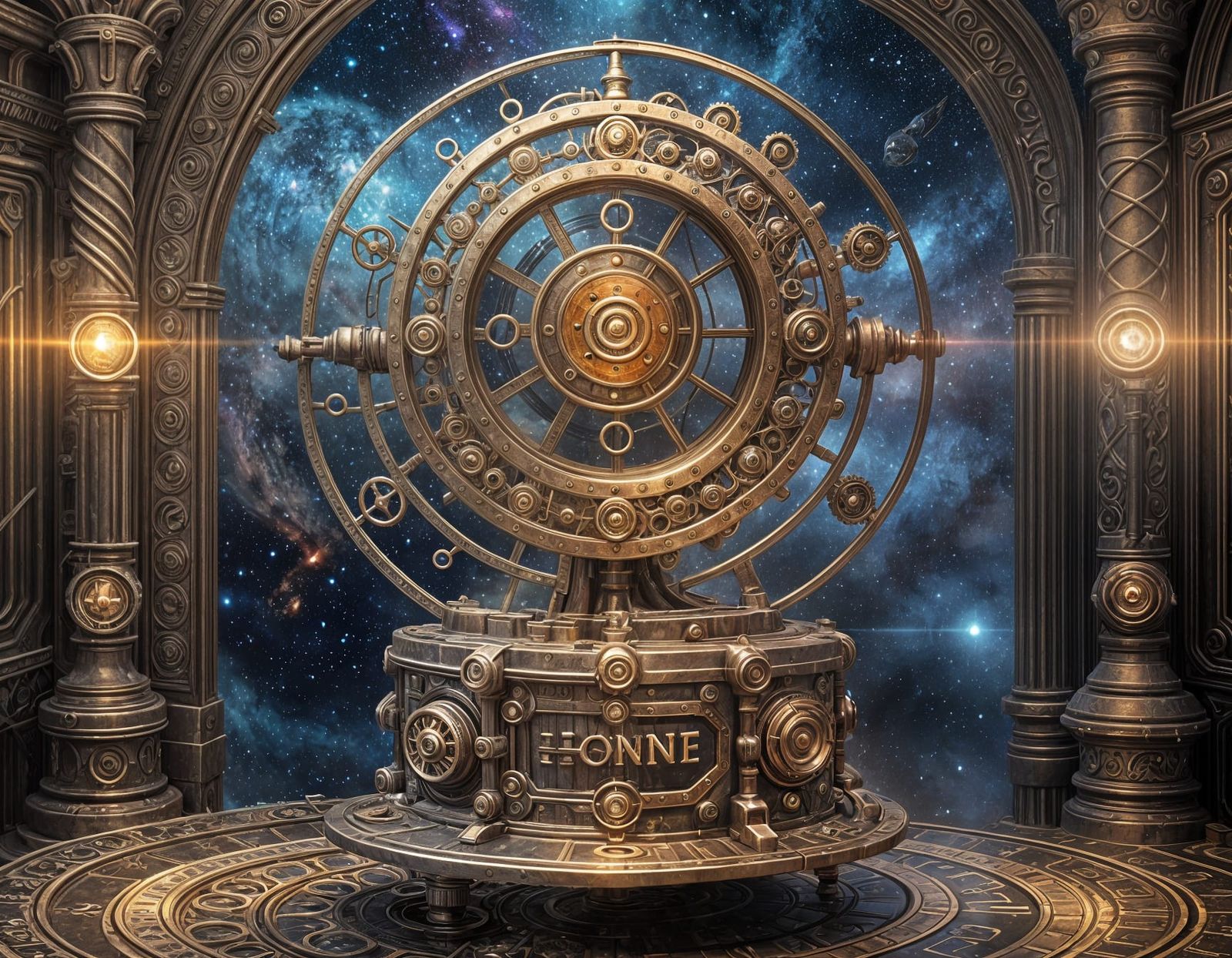 Ethereal Steampunk Scene with Golden Energy and Celestial Ba...