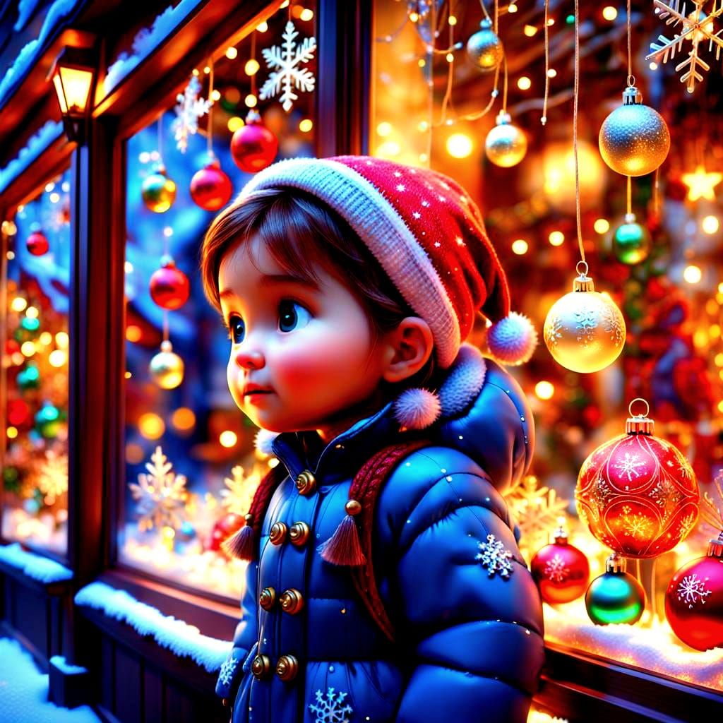 Pixar-style Baby Girl at Christmas Window