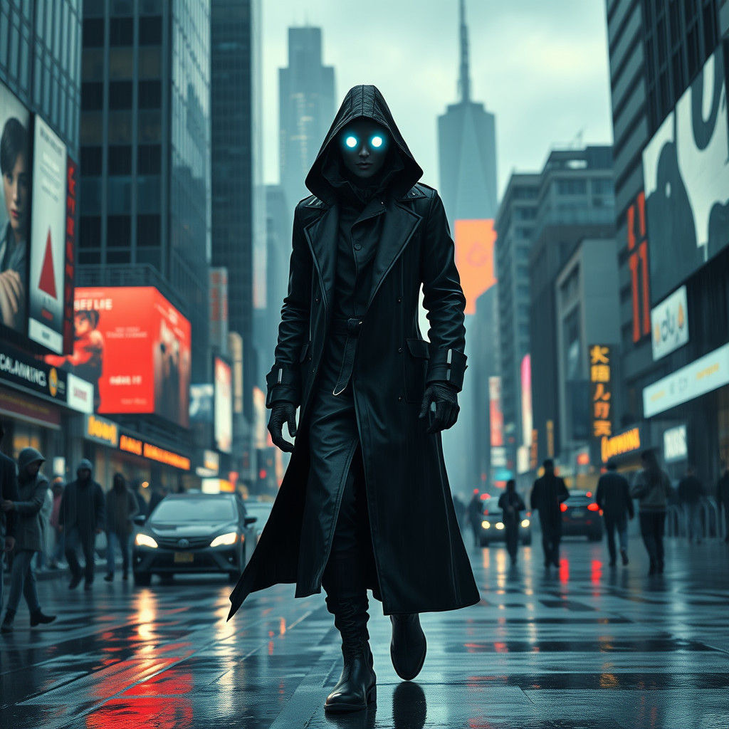 Cyberpunk Figure in Neon Cityscape