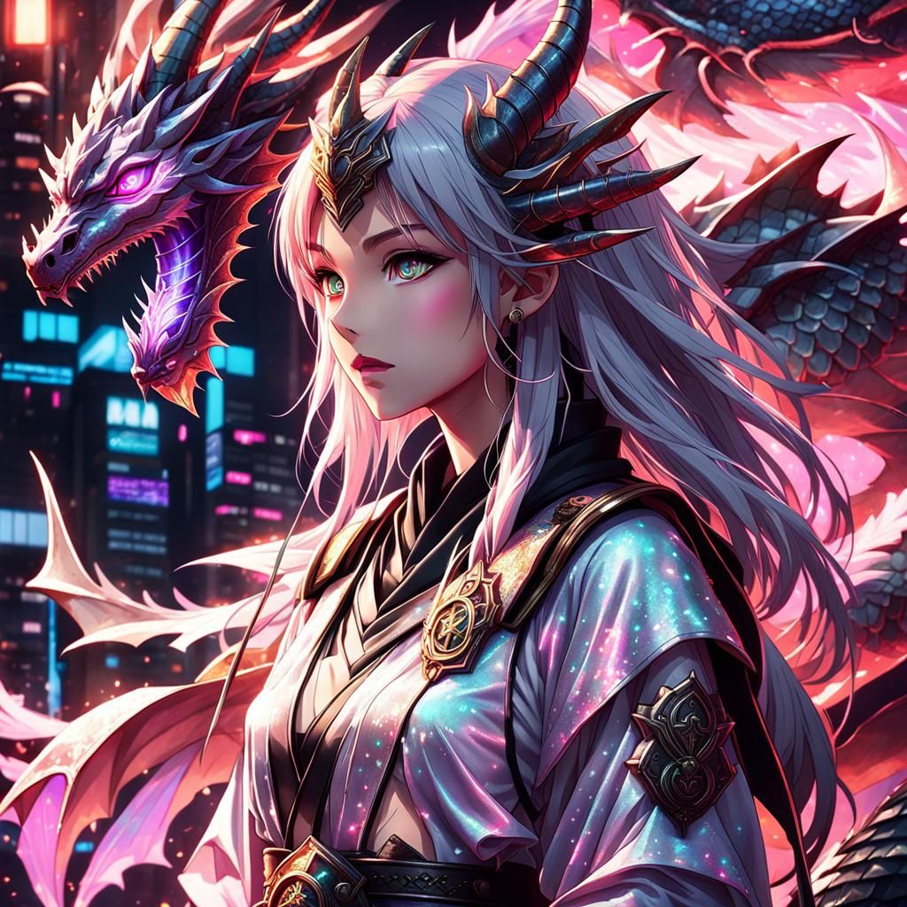 Cyberpunk Warrior-Monk Dragon Girl in Vibrant Neon Hues