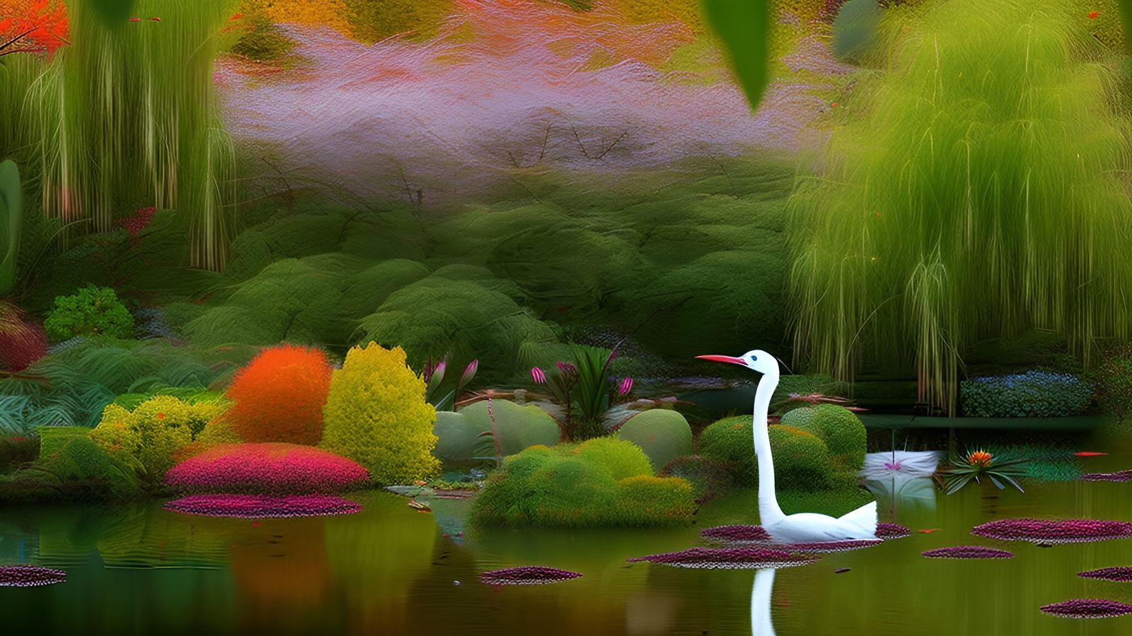 Herons in Overgrown Impressionist Autumn Garden