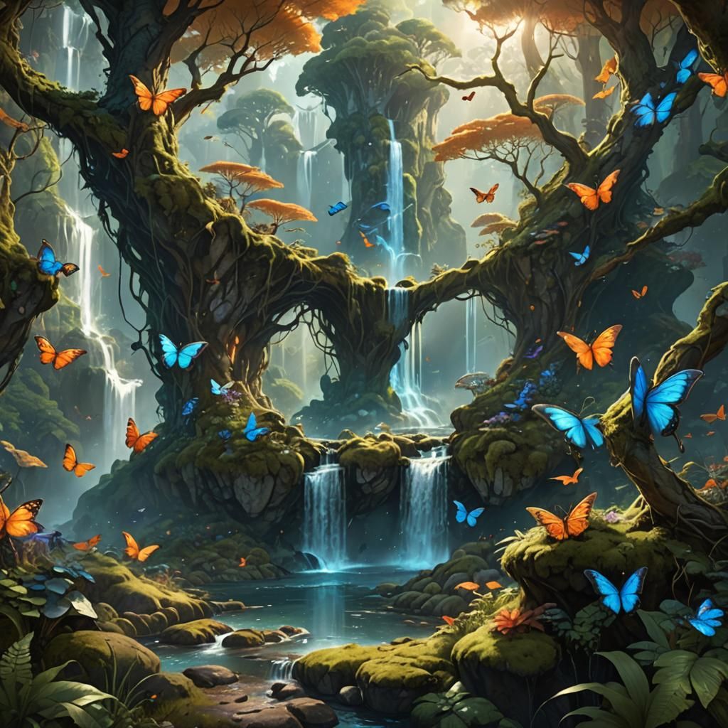 Fantasy World with Dragons and Butterflies