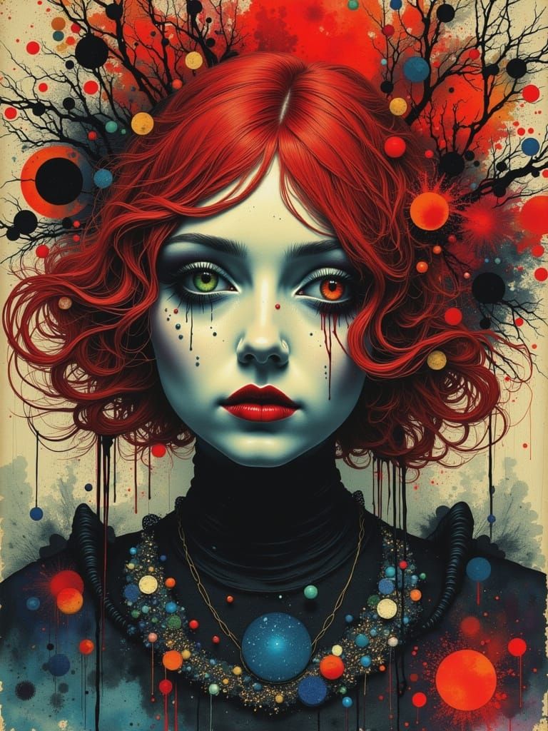 Gothic Dreamcore Woman with Red Hair in Watercolor Style