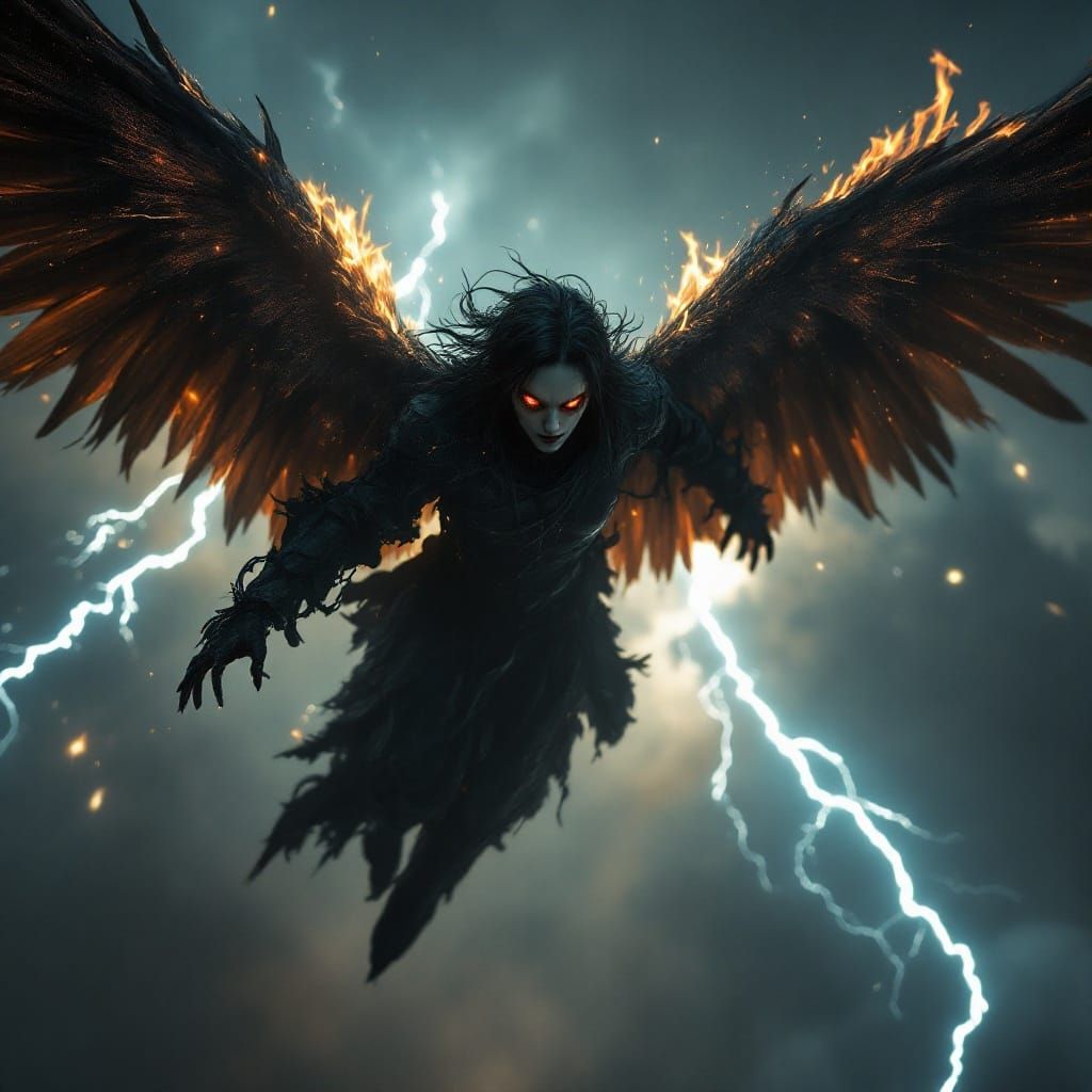Dark Angel Soaring Through Fiery Skies