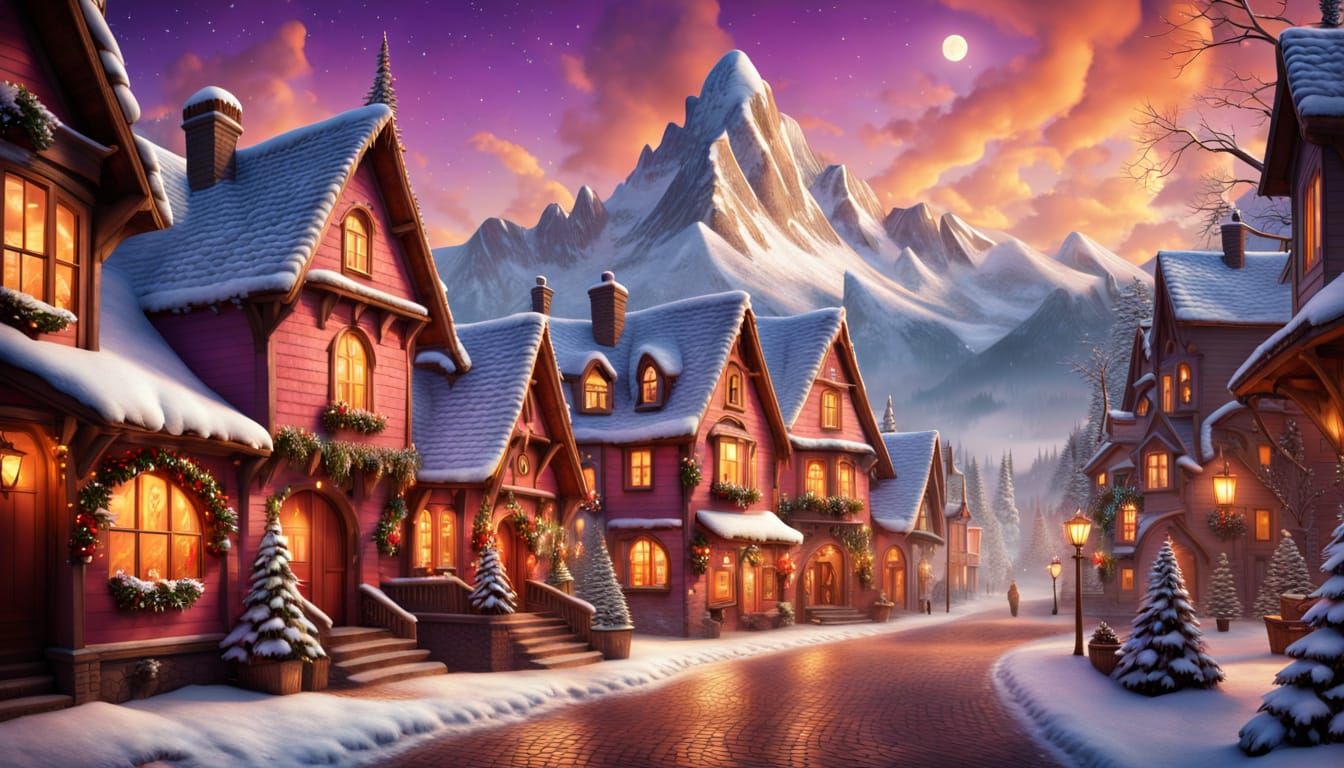 Magical Fantasy Mountain Town at Dusk