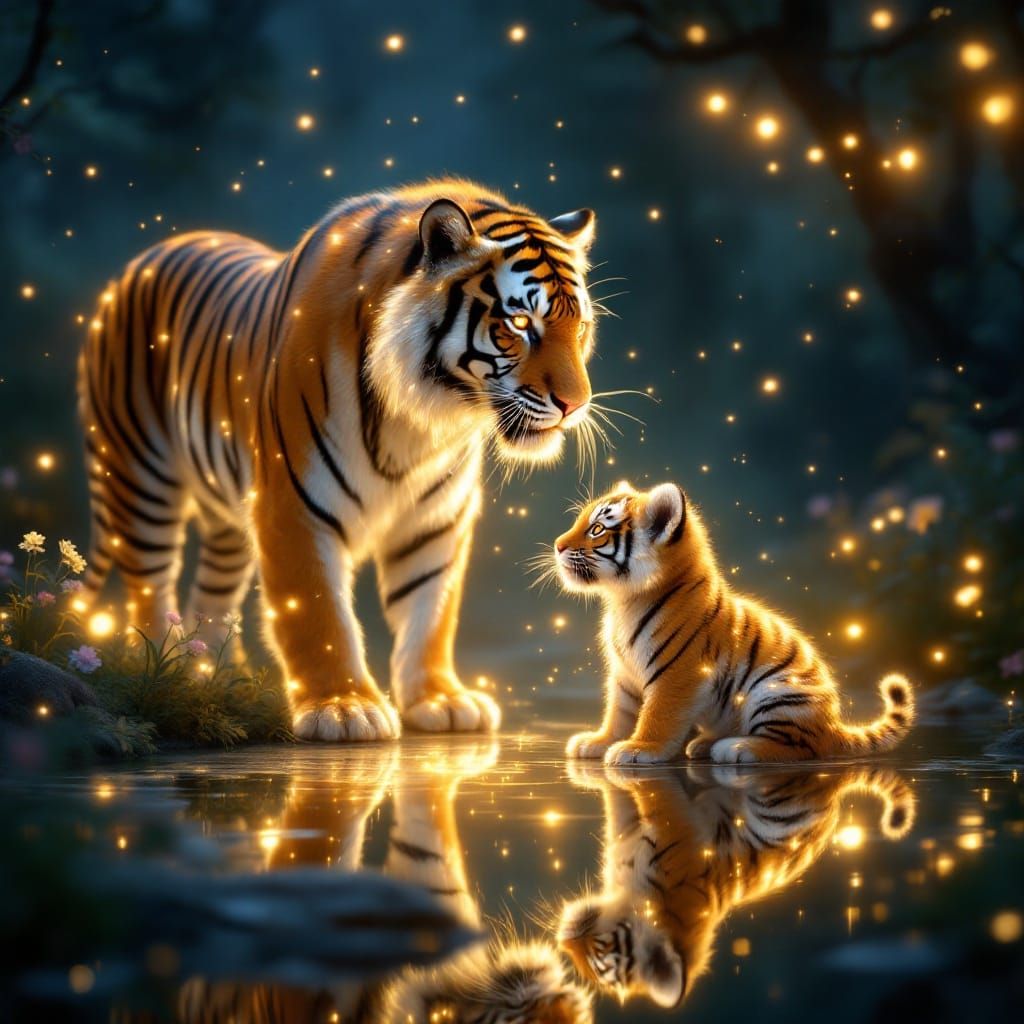Majestic Tiger and Cub in Golden Ethereal Forest
