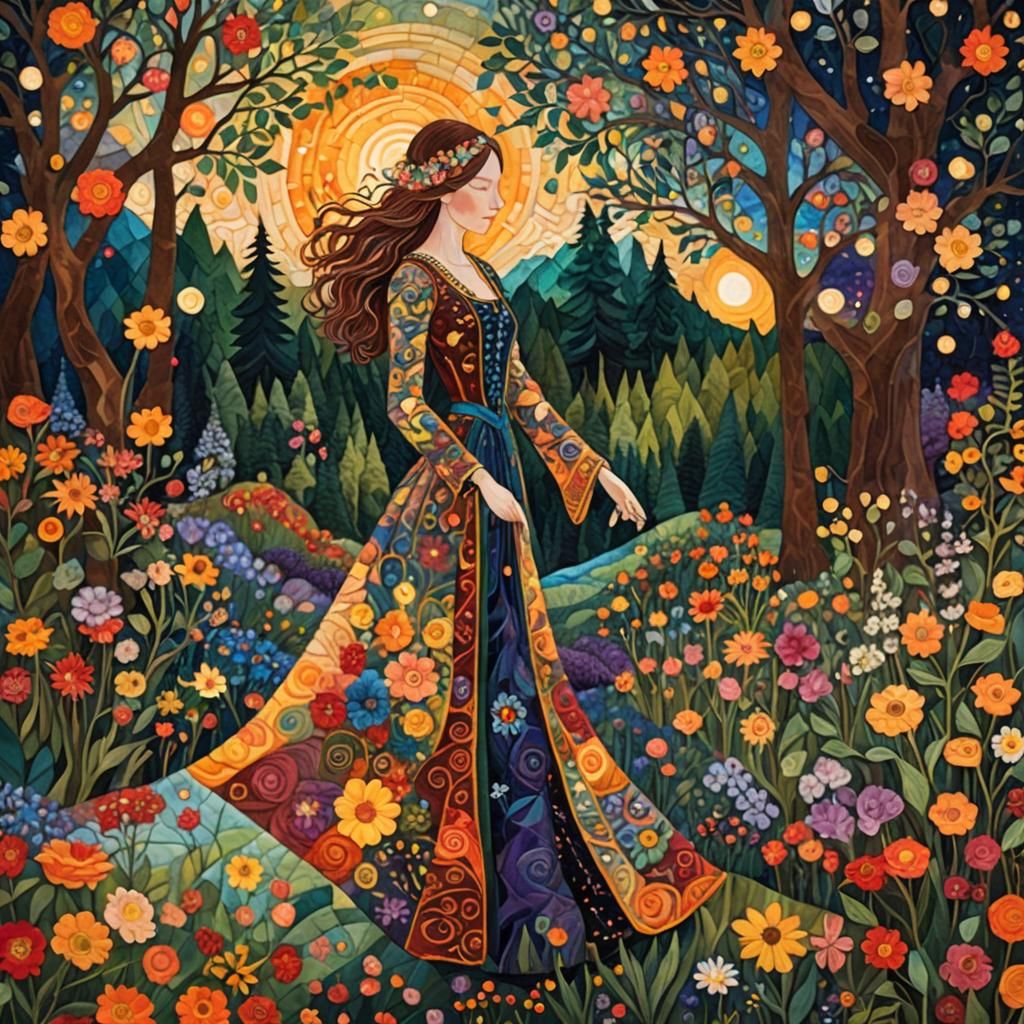 Quilted Forest Scene with Sunset Woman in 8K