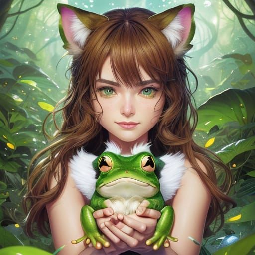 Girl Cat Holds Frog in Lush Forest Scene