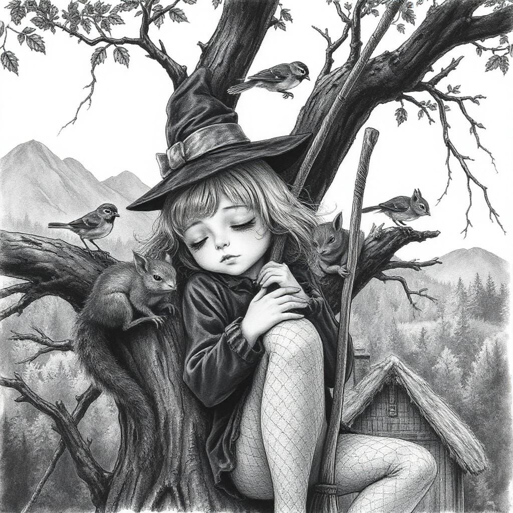 Enchanted Forest Witch in Charcoal Drawing