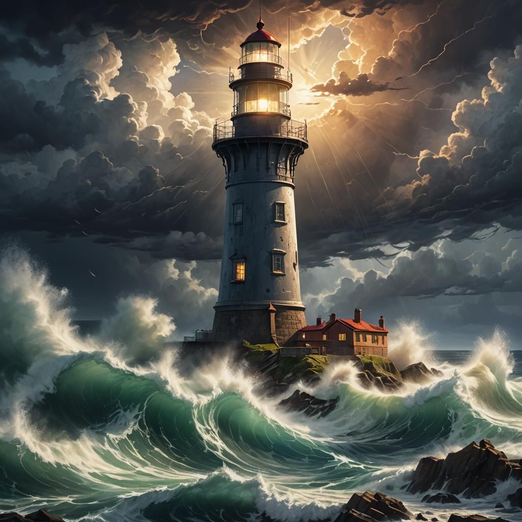 Lighthouse Dividing Shadow and Light: Epic Stormy Scene