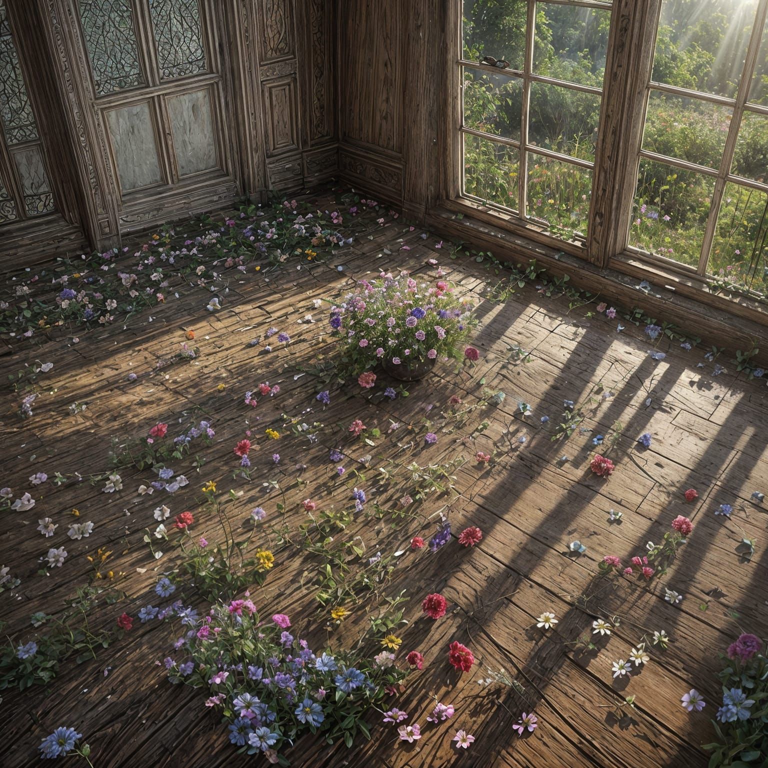 Sunlit Flowers Amidst Broken Glass