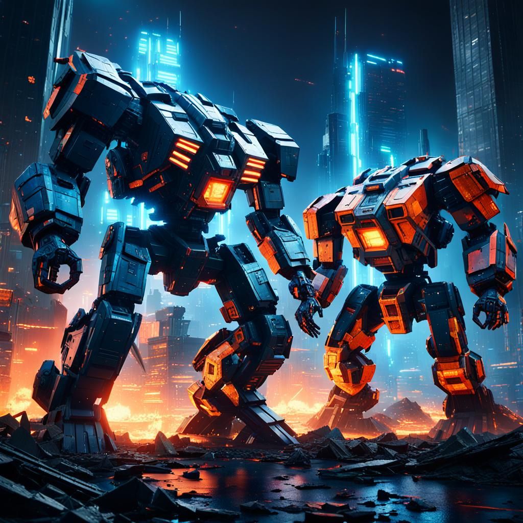 Epic Mech Battle in Ruined Cityscape