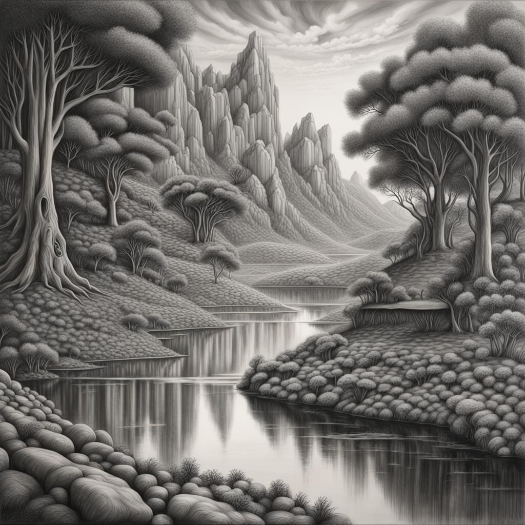 Utopian Landscape in Hyperdetailed Charcoal Drawing