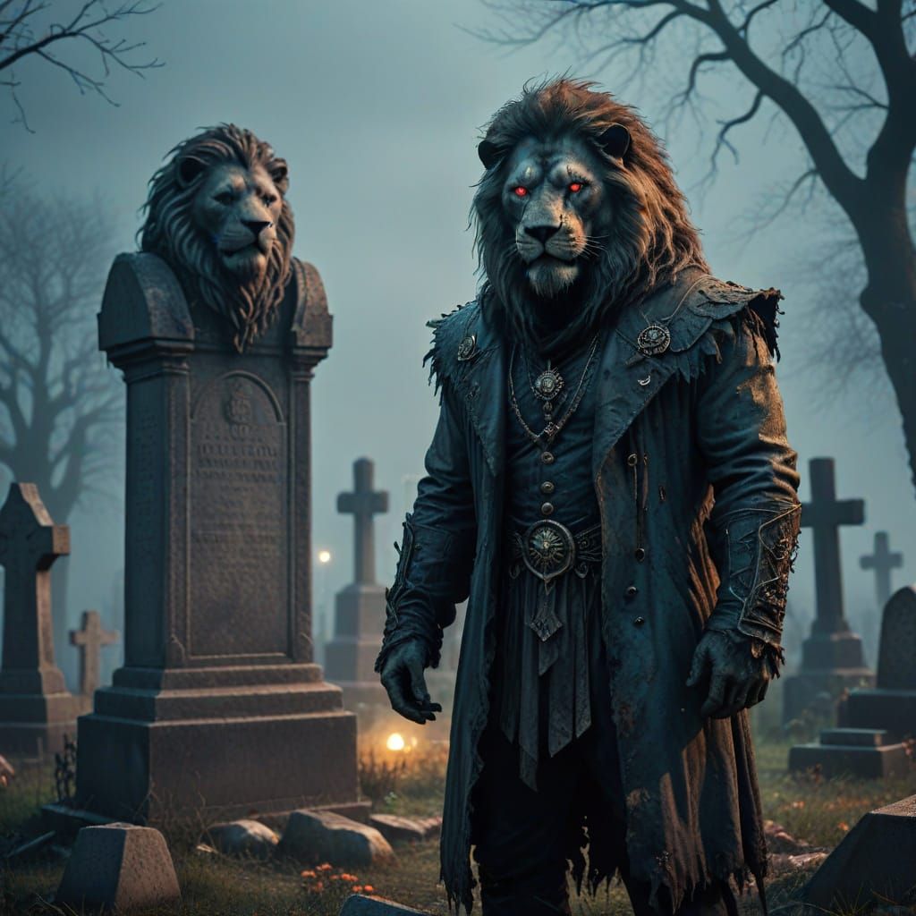Lion Man in Cemetery: Dark Fantasy Art