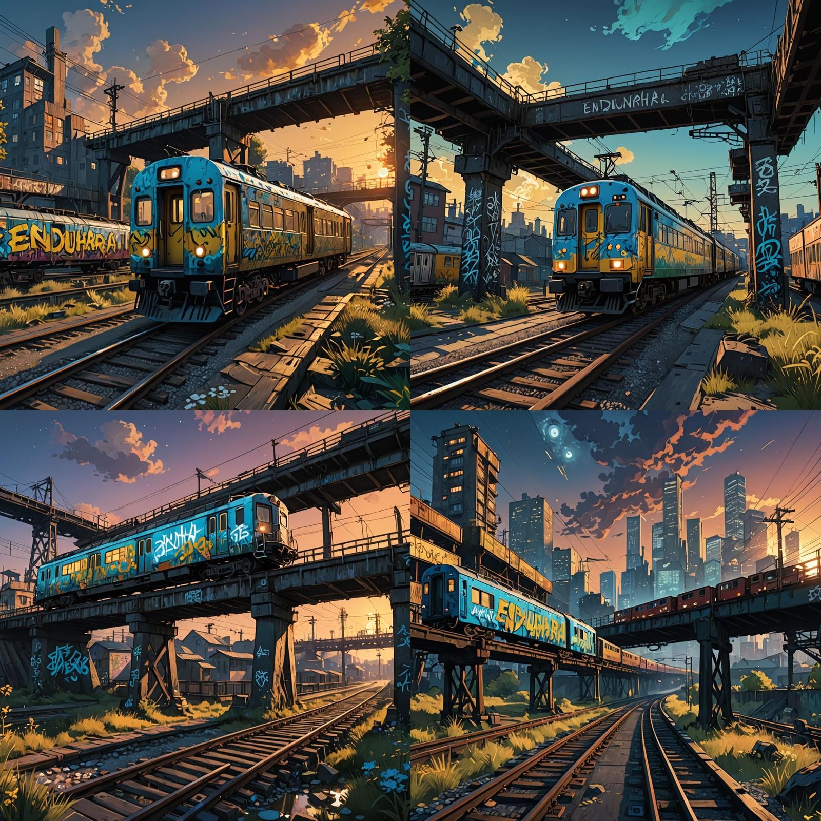 Graffiti Train on Bridge: Cyberpunk Van Gogh Style