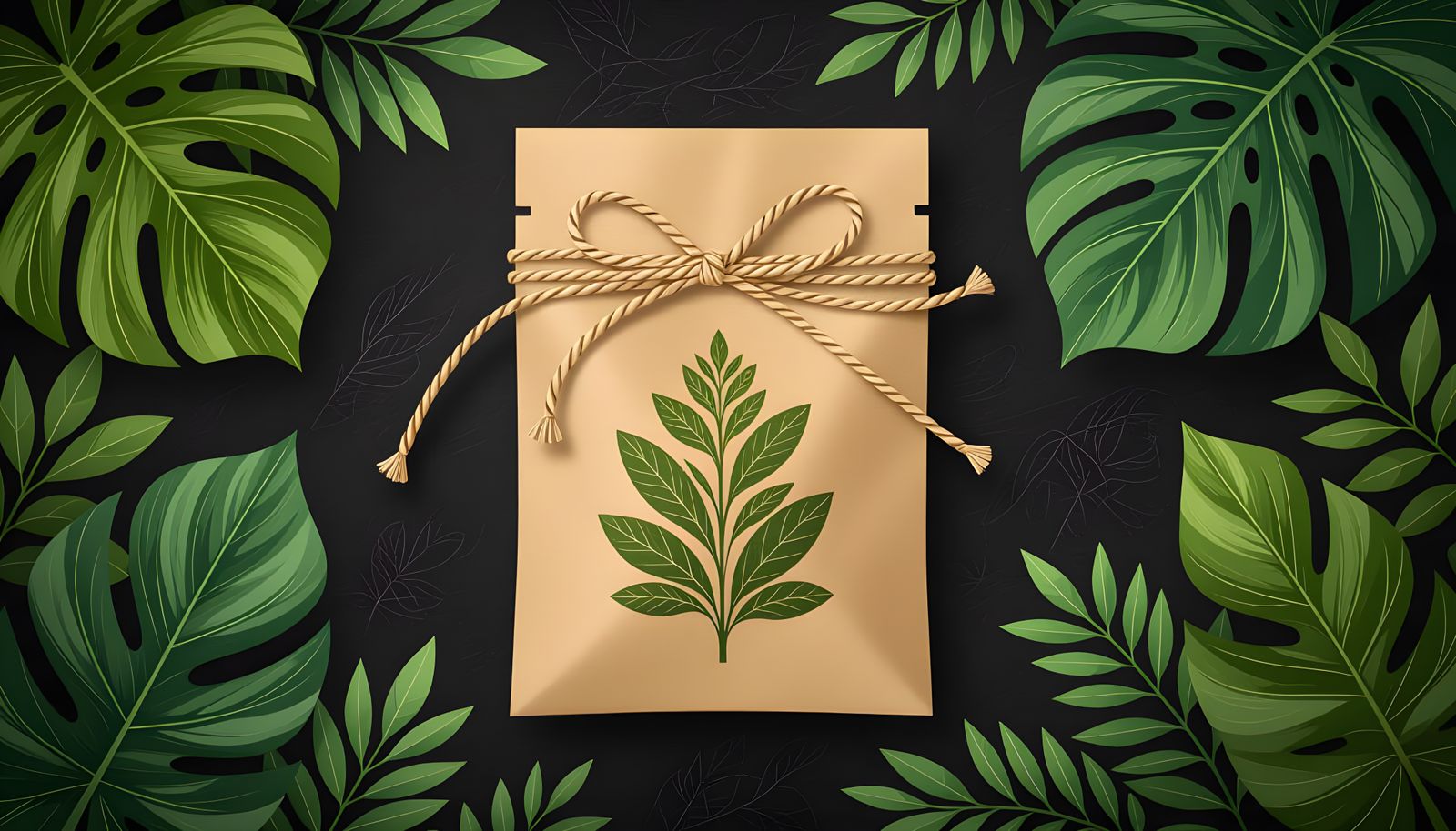 Kraft Paper Sachet Mockup with Tropical Leaves