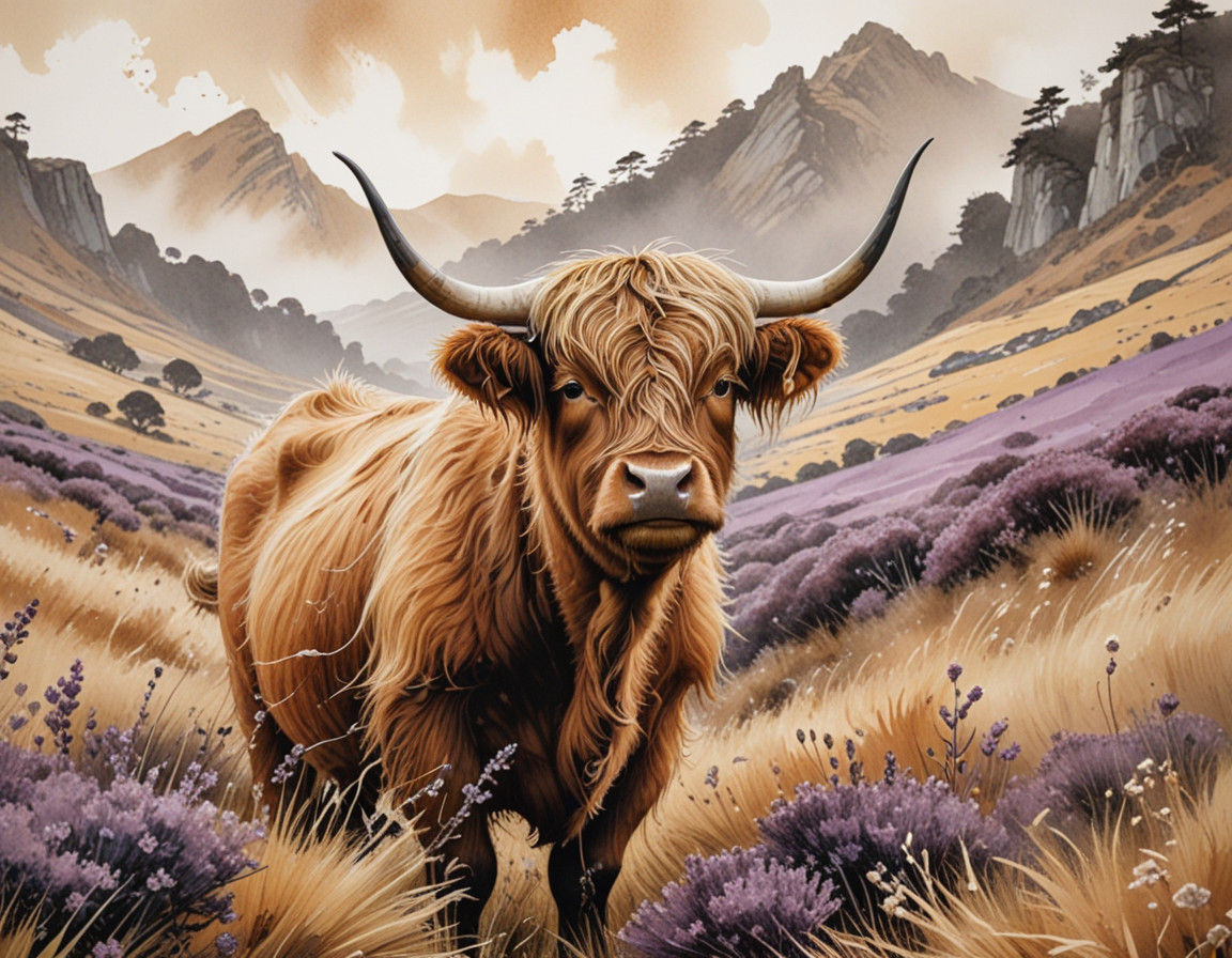 Whimsical Highland Calf in Muted Heather Landscape