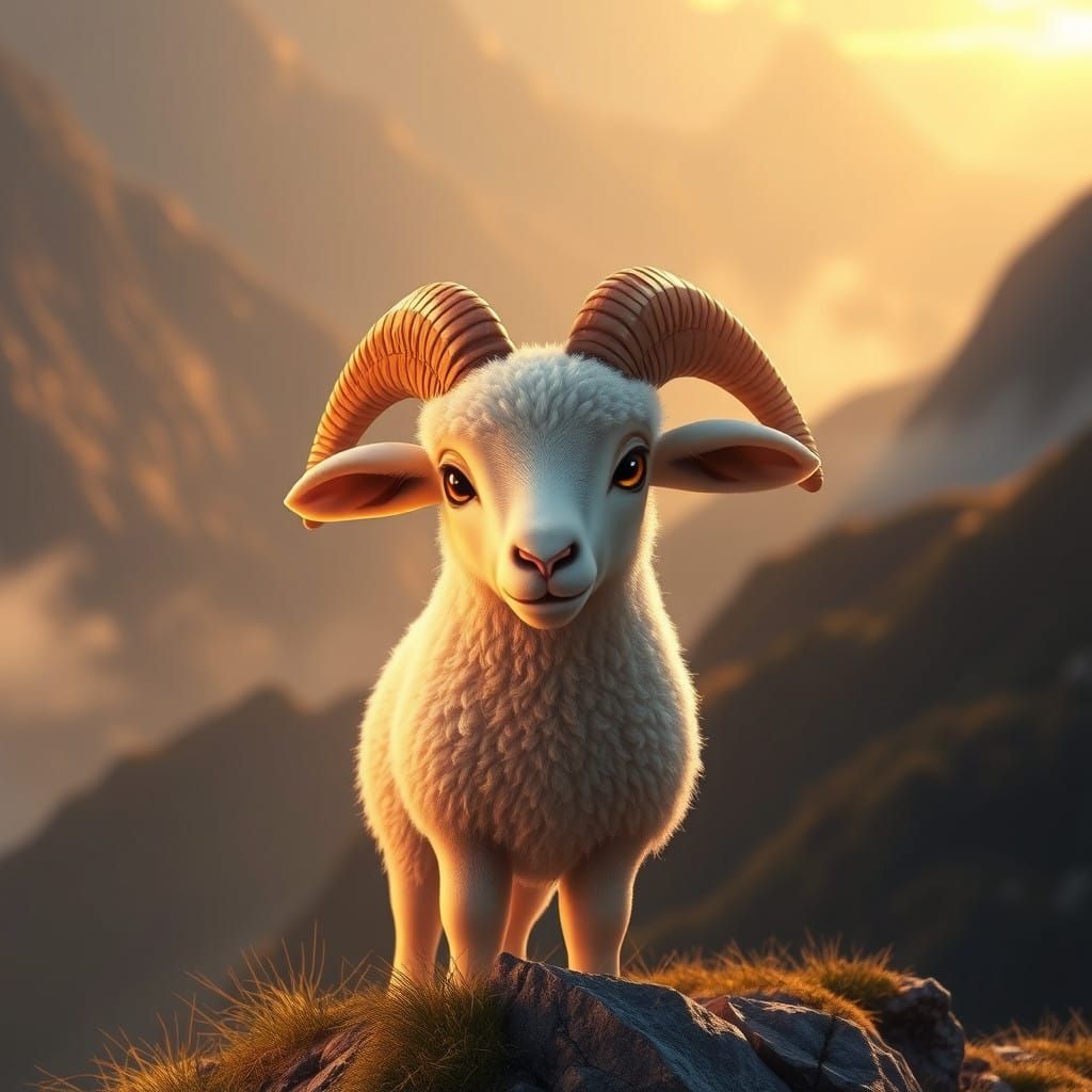 Majestic Lamb in Whimsical Mountain Landscape