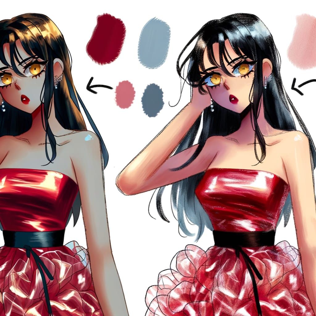 Anime Woman in Red Gown with Falling Petals