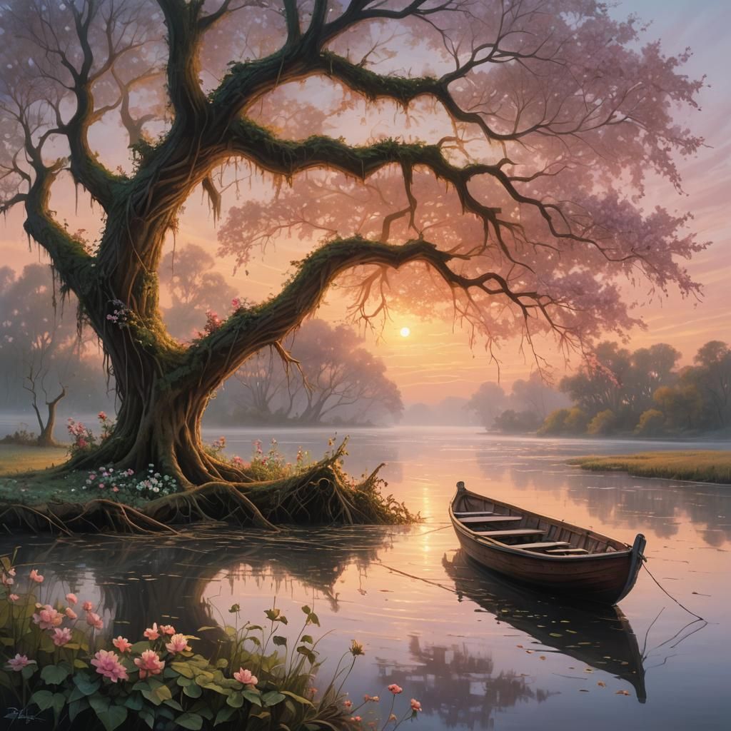 Mystical Mississippi River Sunset in Impressionist Style