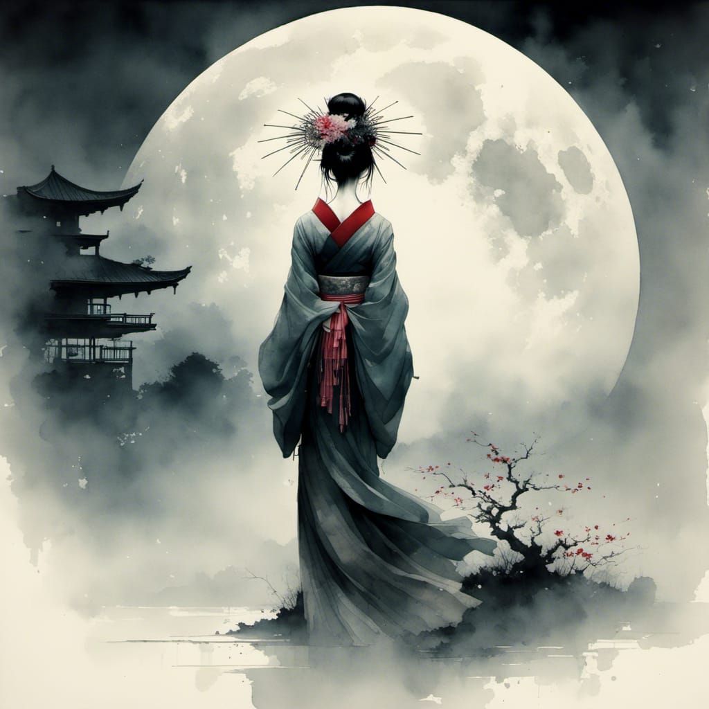 Mystical Geisha Silhouette Under Surreal Moon