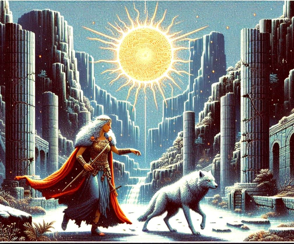 A diorama—sandgraphy etched in solar dust—captures a warrior princess and her wolf, frozen mid-stride across a sunken em...