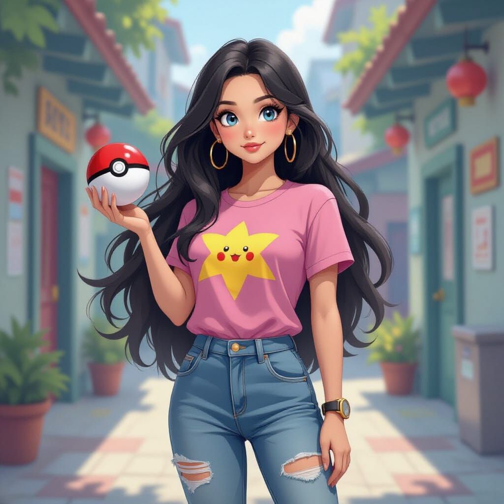 Woman with Pokeball in Vibrant Pokémon Gym