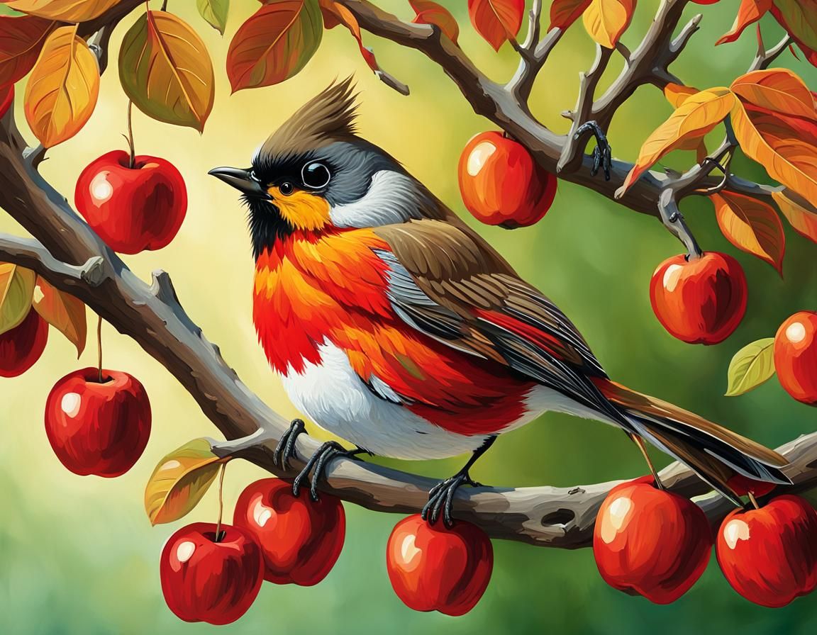 Folk Art Robin and Titmouse on Apple Tree