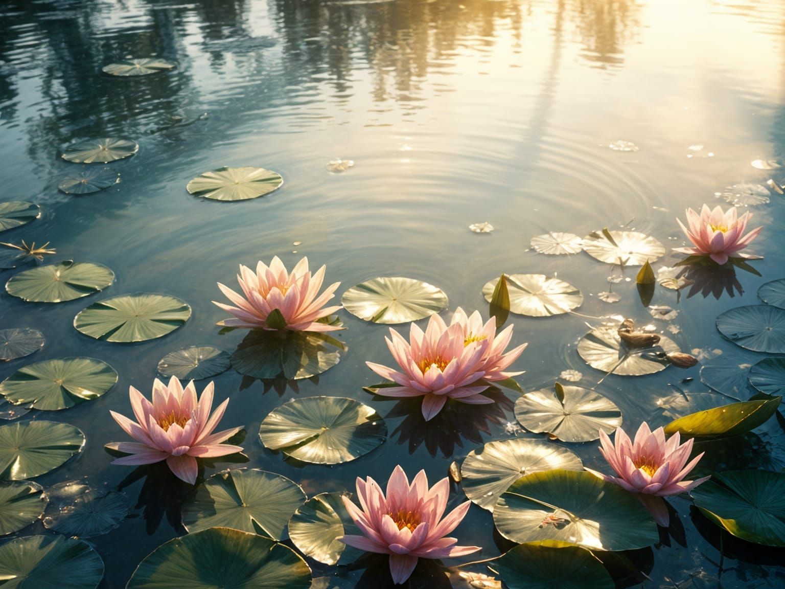 Impressionistic Lily Pond in Soft Blues and Greens