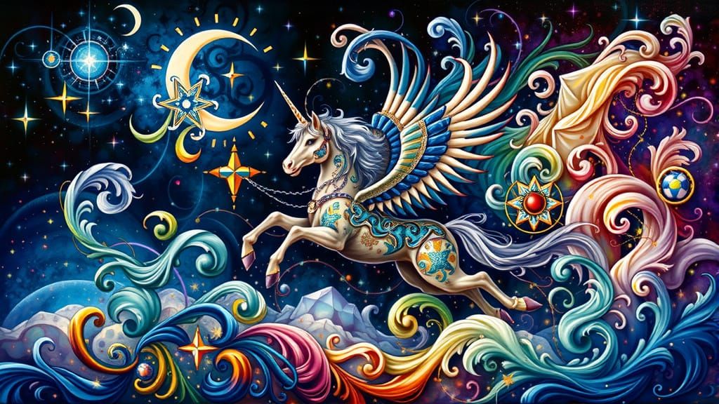 A winged unicorn gallops across a starry night sky.