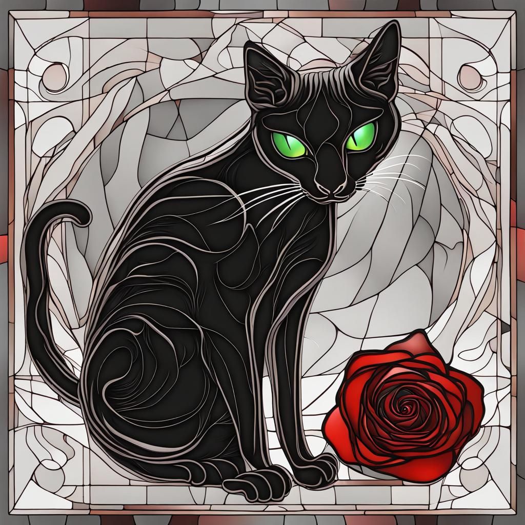 Stained Glass Black Cat with Rose