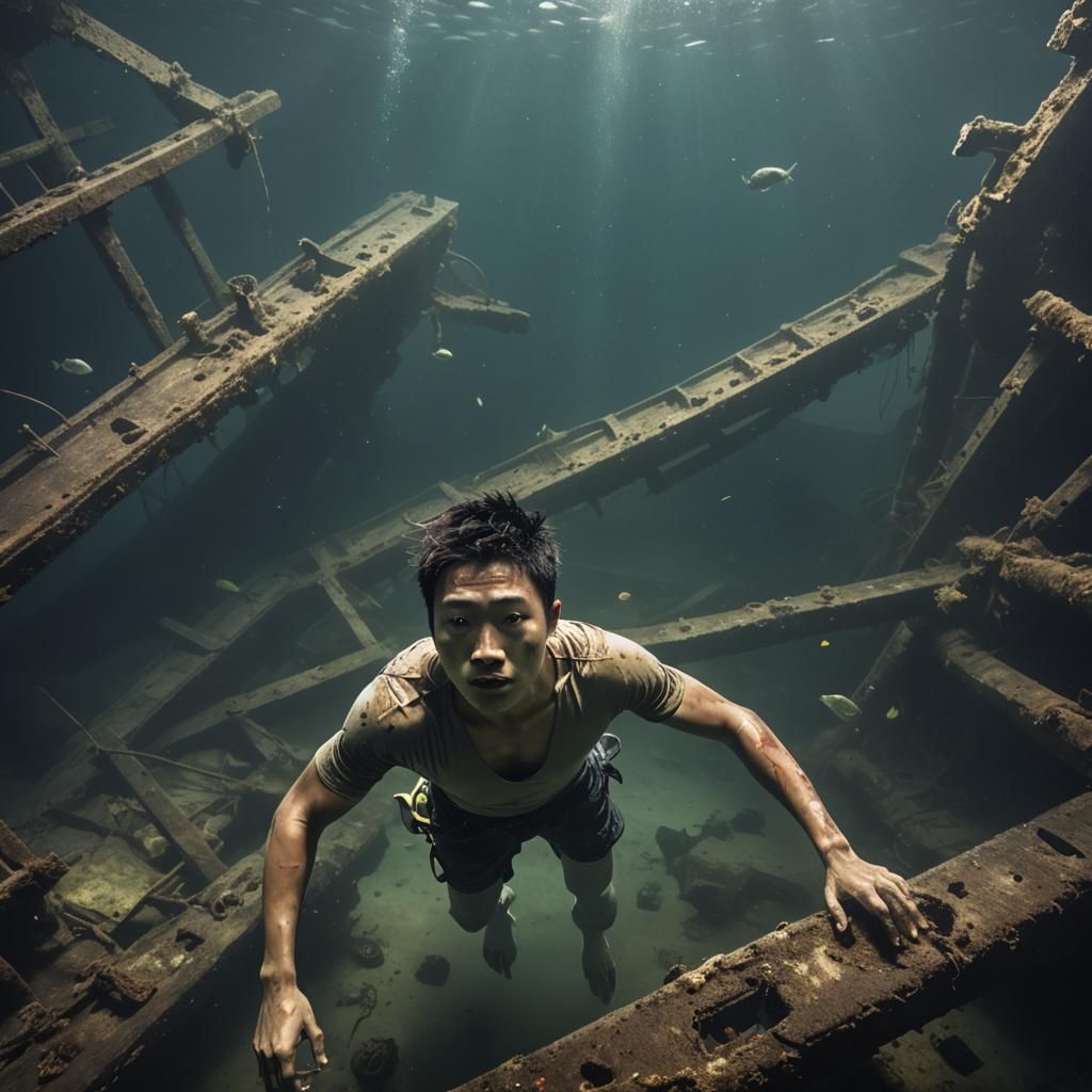 Underwater Diver Explores Sunken Shipwreck Remains