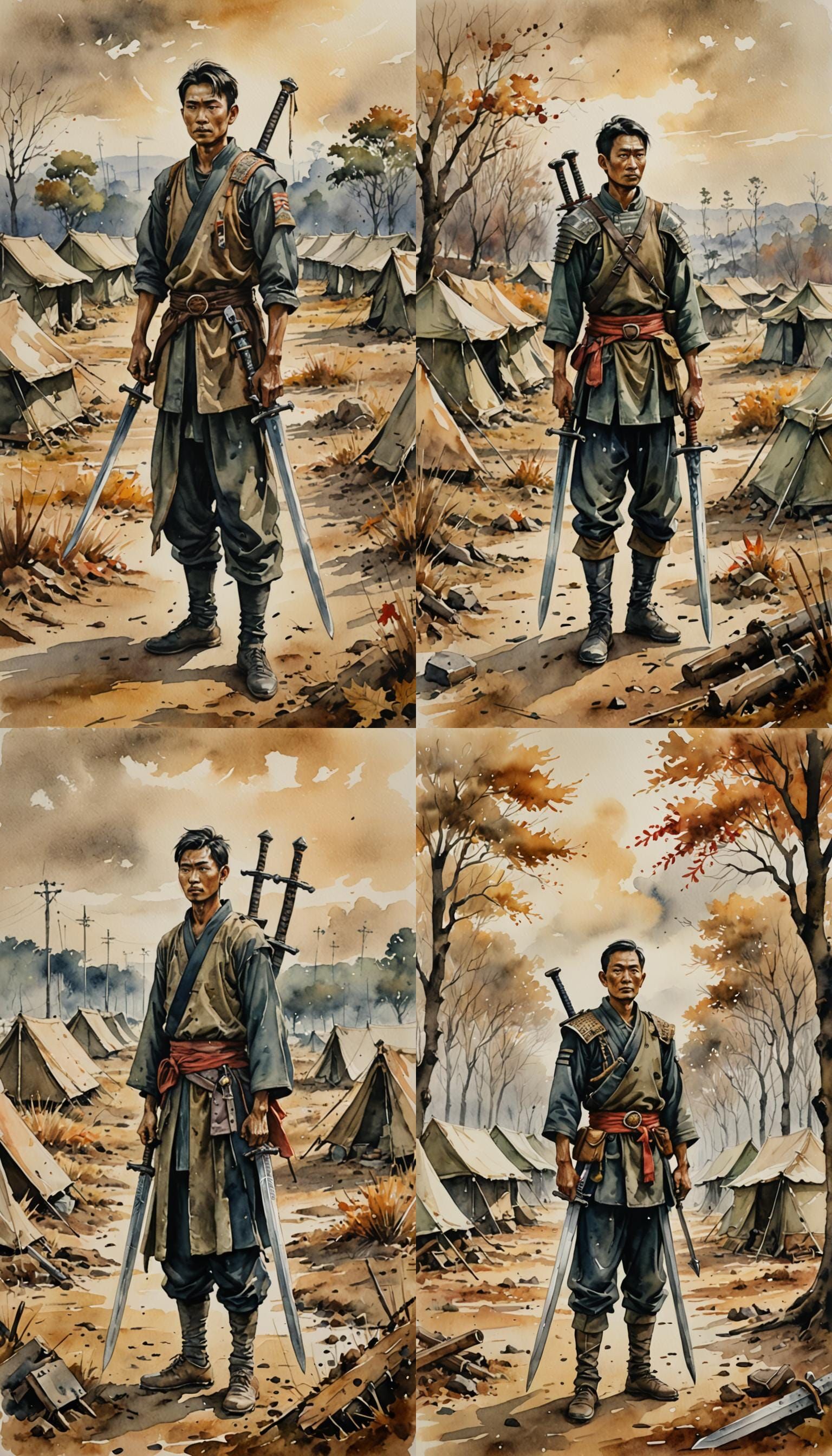 Thai Man with Swords in Watercolor Landscape
