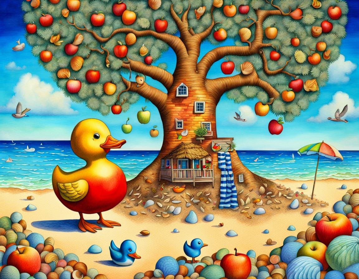 Whimsical Beach Scene with Apple and Duck