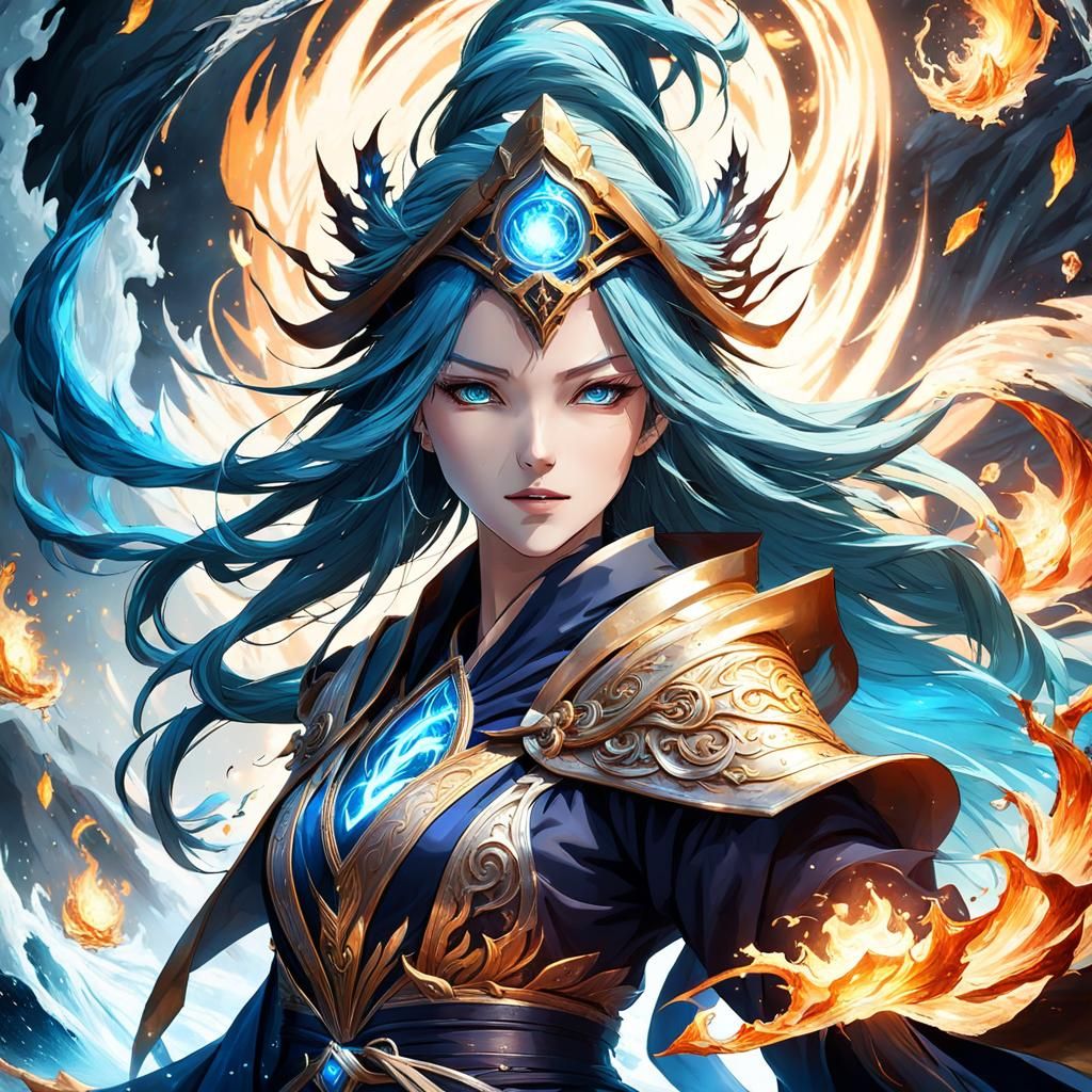 Elemental Mages: Water, Earth, Fire, Wind in Anime Style