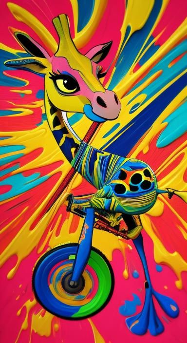 Vibrant Giraffe Rides Unicycle in Whimsical Land