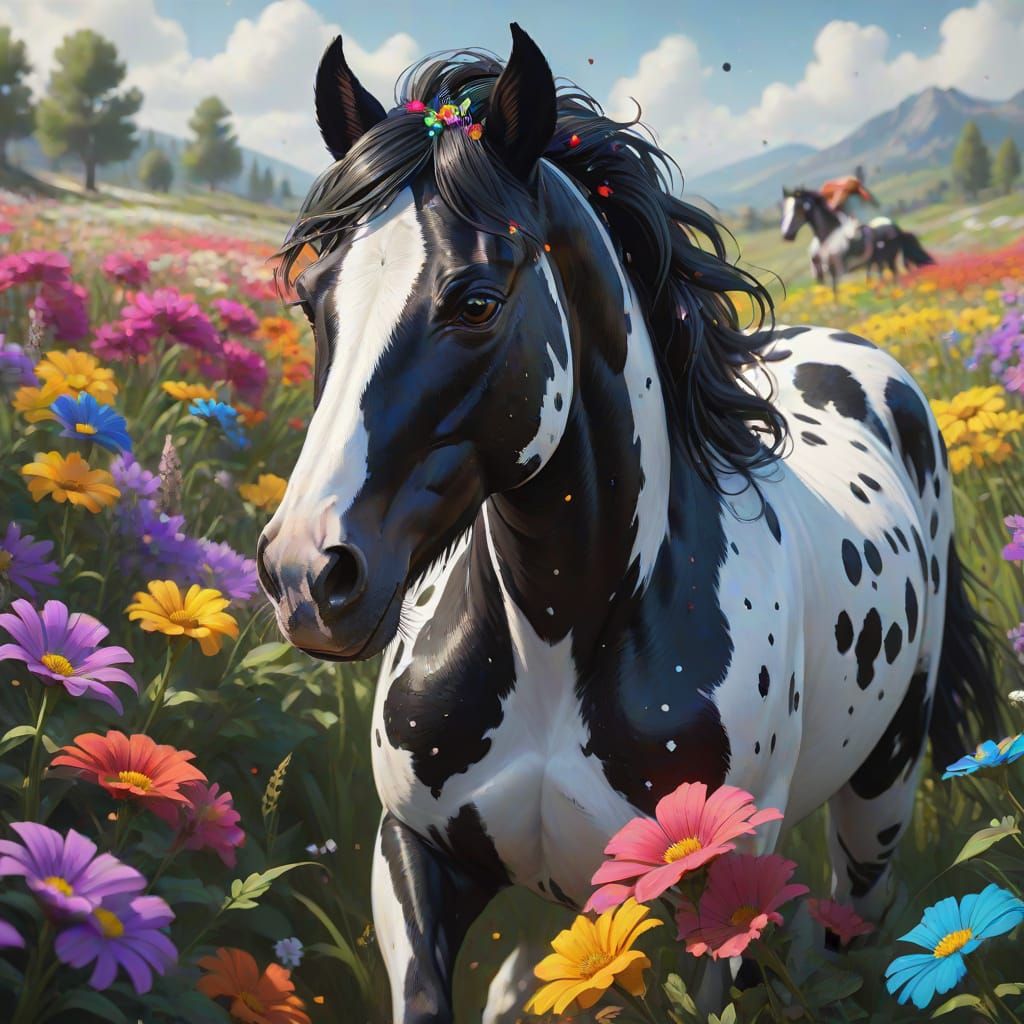 Spotted Horse Galloping Through Flower Field: Oil Painting