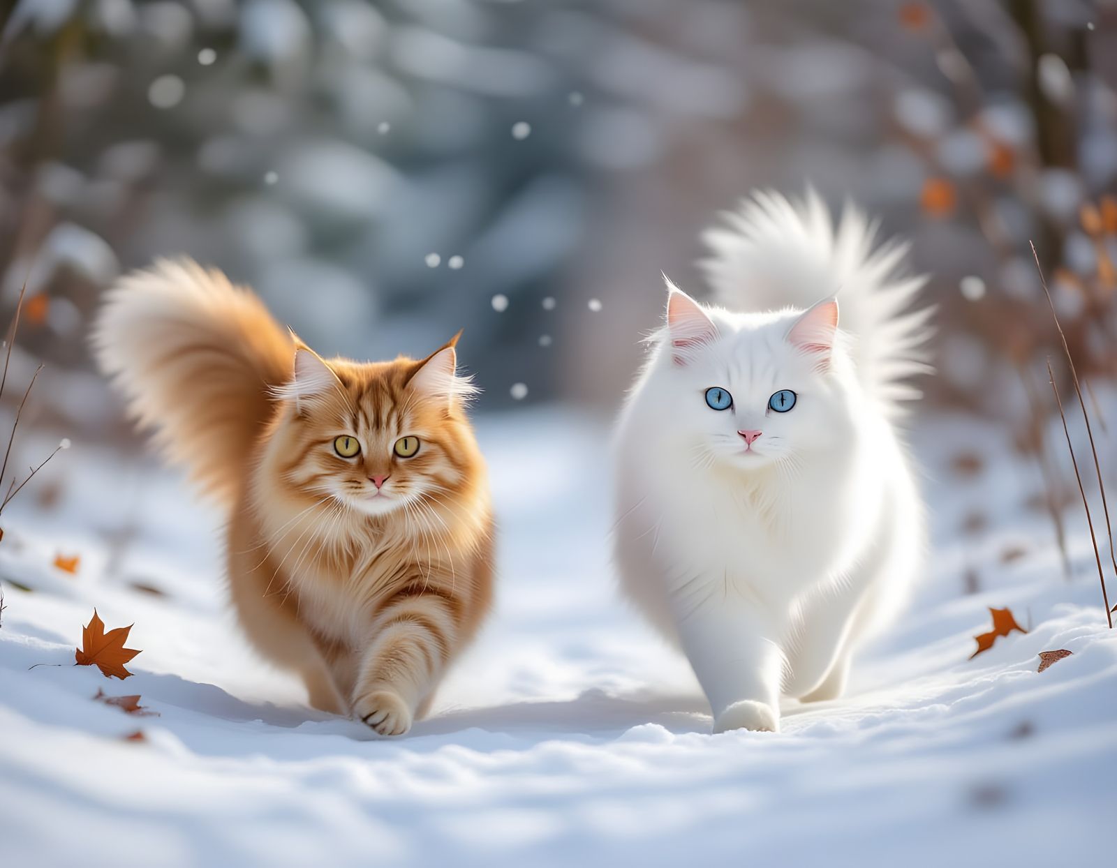Red Cat Flees Autumn, White Cat Appears in Winter Snow