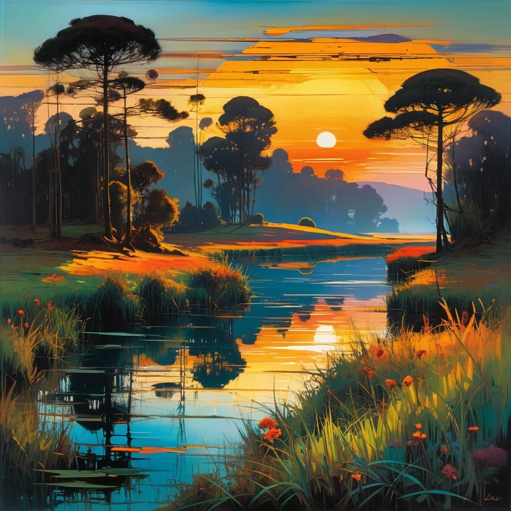 Sunset Reflection Landscape in Mixed Media Style