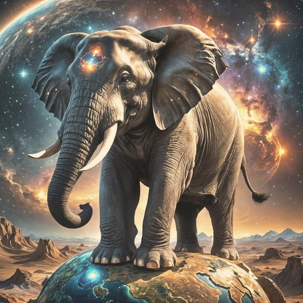 Gigantic Elephant Stands on Earth in Cosmos