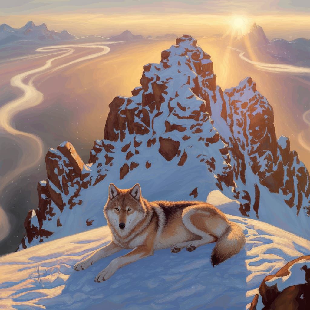 Wolf Lounging on Snowy Mountaintop at Sunrise