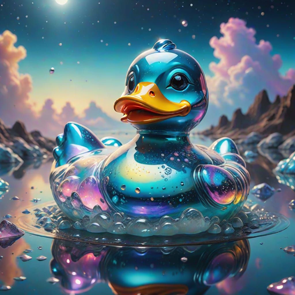 Crystal Duck Floating in Astral Waters: Surreal Oil Painting