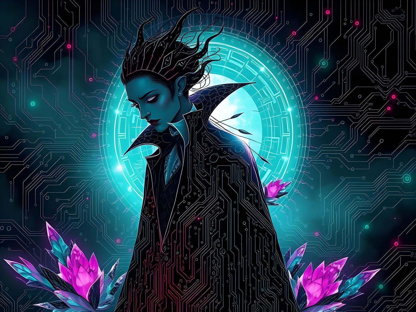 Elegant Black and White Vampire in Cyberpunk Landscape