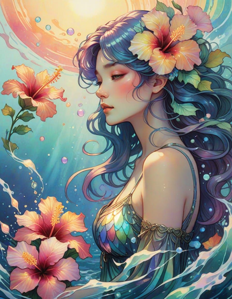 Art Nouveau Watercolor Woman with Seaweed Hair