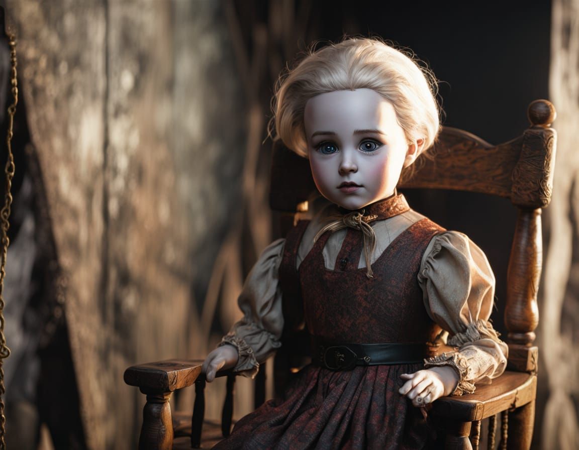 Haunting Porcelain Doll in Antique Rocking Chair