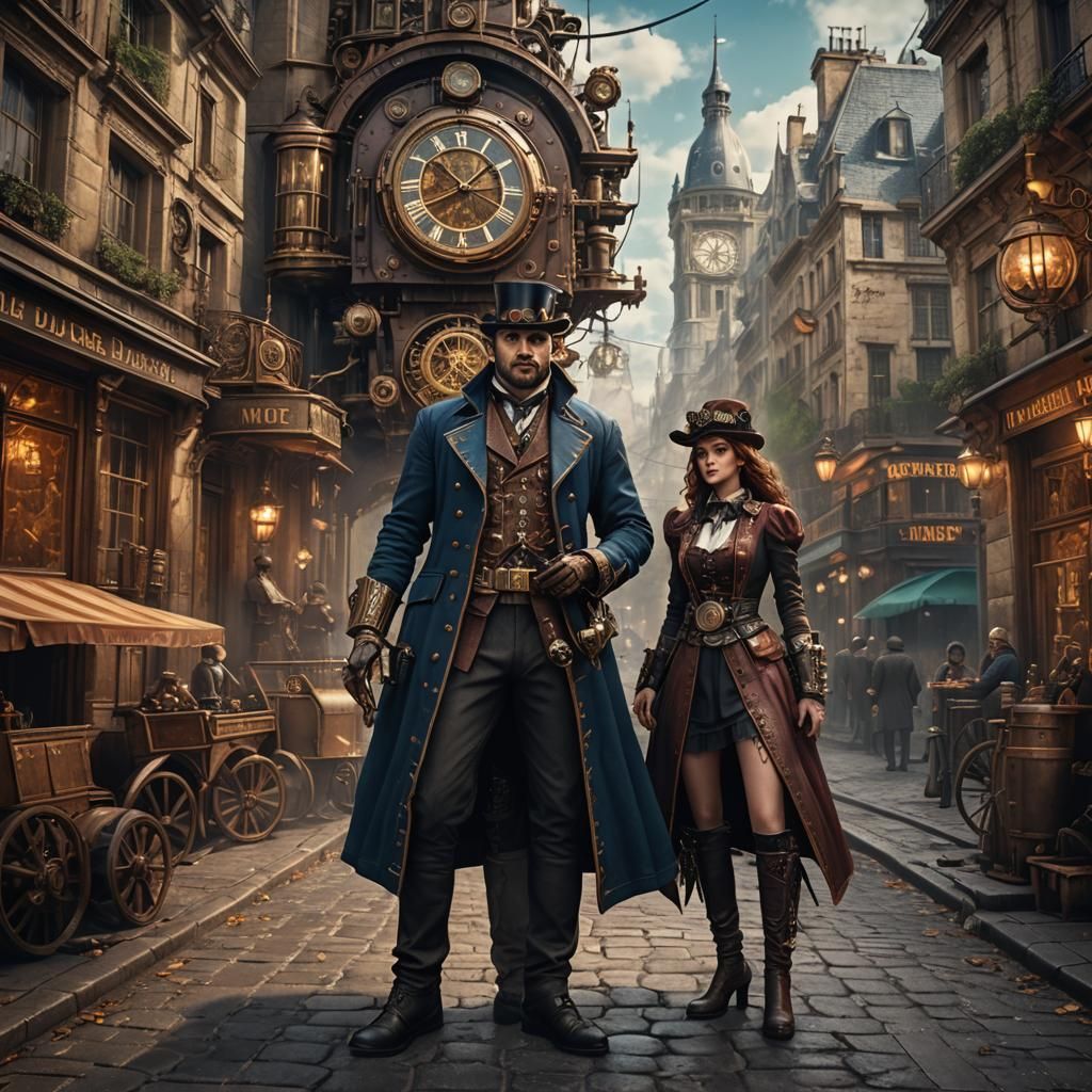 Steampunk Couple in Paris, Detailed Digital Painting