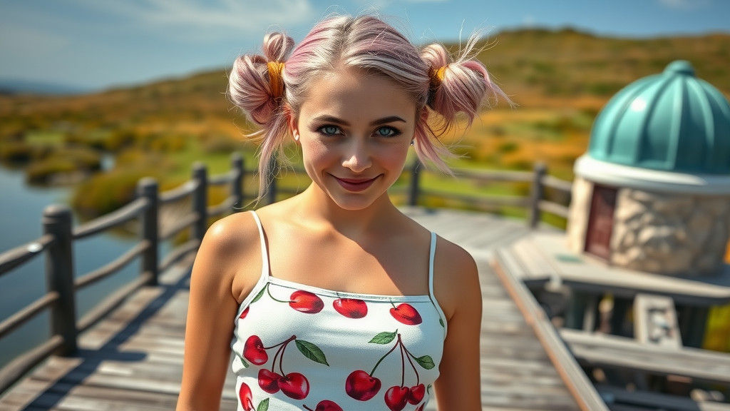 Woman standing on "Myst" Island