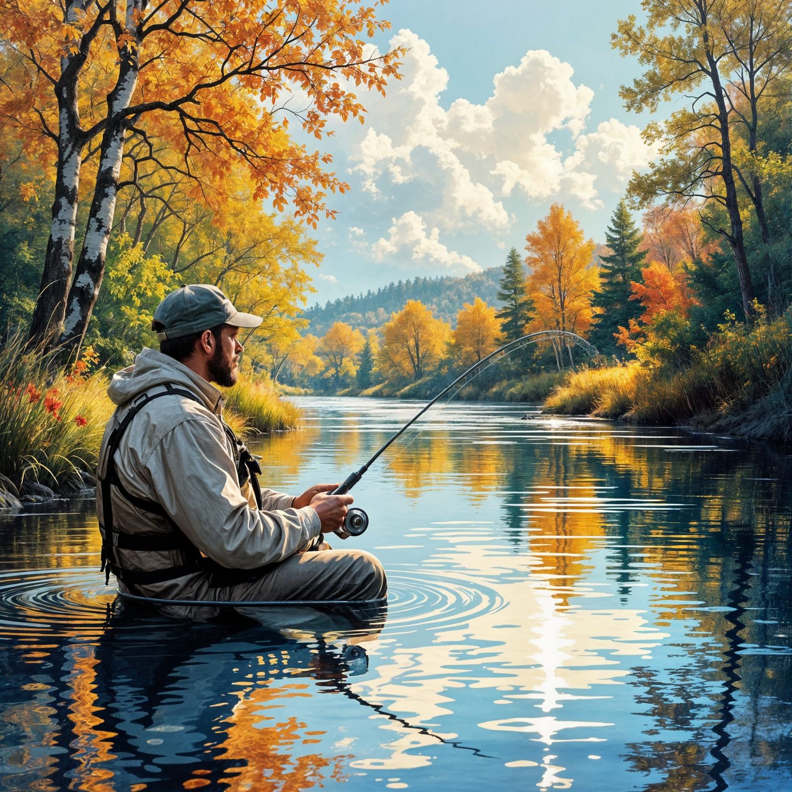 Man Fishing in Calm River: Hyperrealistic Splash Art