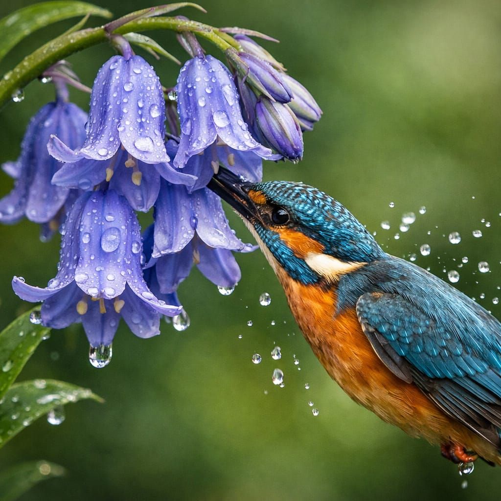 Kingfisher Sips Nectar from Mystical Bluebell Flower