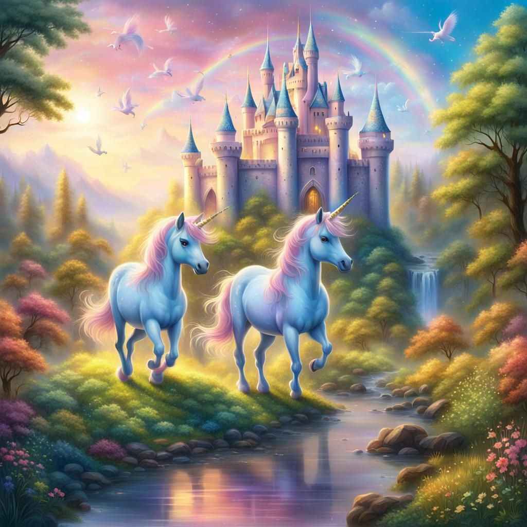 Animated Unicorns in Ethereal Fantasy Landscape